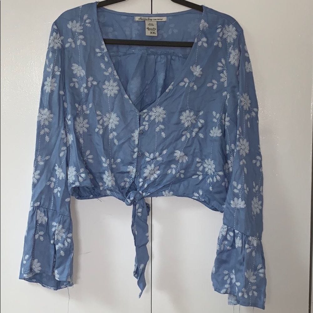 American Rag Button Front/Tie Floral Top